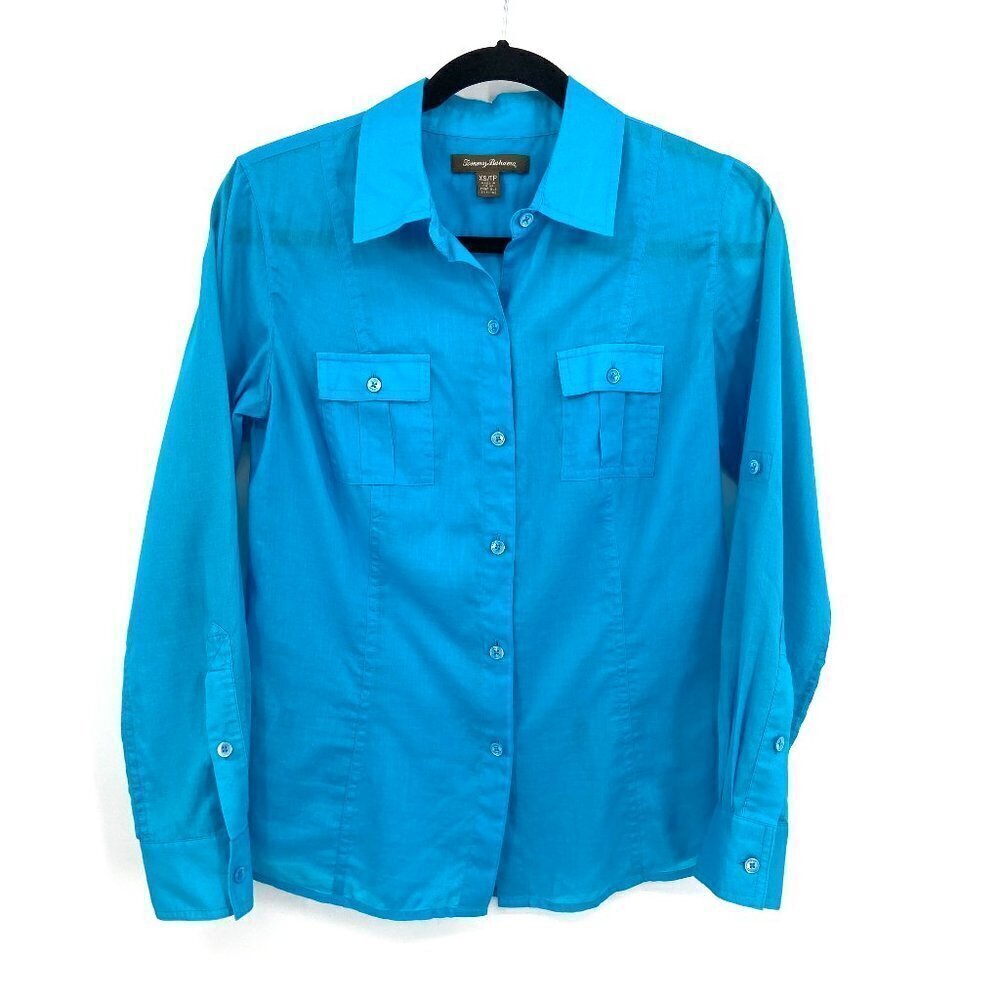 TOMMY BAHAMA Teal Turquoise Blue 100% Cotton Lightweight Button Up Blouse XL
